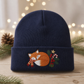 Personalized Sleeping Fox Christmas Scarf Candy Cane Holly Berries Custom Name Embroidered Beanie