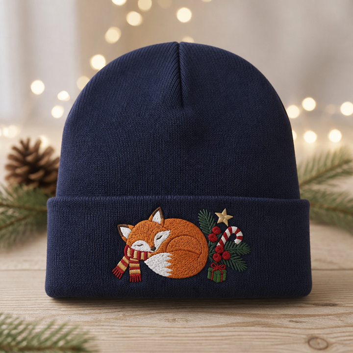 Personalized Sleeping Fox Christmas Scarf Candy Cane Holly Berries Custom Name Embroidered Beanie