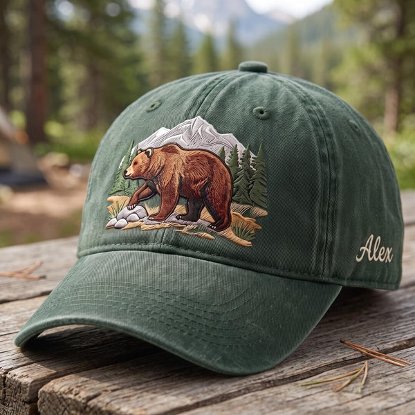 Personalized Bear Mountain Wilderness Scene Outdoor Adventure Embroidered Hat — Baseball Cap
