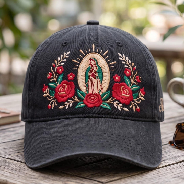 Virgin Mary Floral Roses Catholic Religious Faith Embroidered Hat — Washed Hat