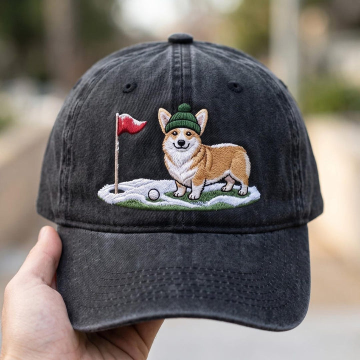 Personalized Corgi Golf Beanie Hat Winter Golf Course Dog Embroidered Hat — Washed Hat