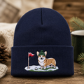 Personalized Corgi Golf Beanie Hat Winter Golf Course Dog Embroidered Beanie