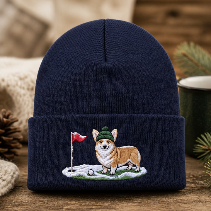 Personalized Corgi Golf Beanie Hat Winter Golf Course Dog Embroidered Beanie