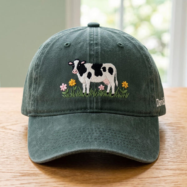 Personalized Holstein Dairy Cow Wildflower Garden Grass Farm Custom Name Embroidered Hat — Washed Hat