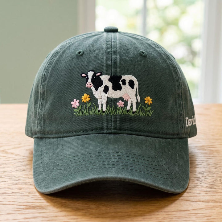 Personalized Holstein Dairy Cow Wildflower Garden Grass Farm Custom Name Embroidered Hat — Washed Hat