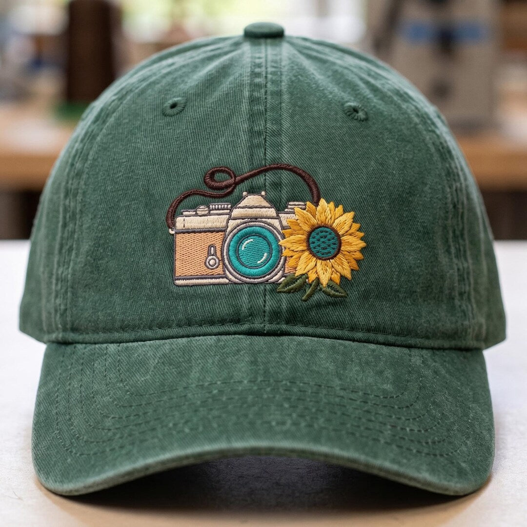 Vintage Film Camera Sunflower Photographer Embroidered Hat — Washed Hat