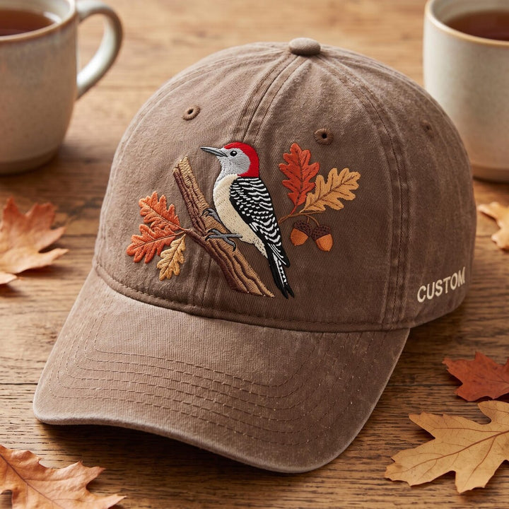 Personalized Red-Bellied Woodpecker Autumn Oak Leaf Acorn Fall Bird Embroidered Hat — Washed Hat