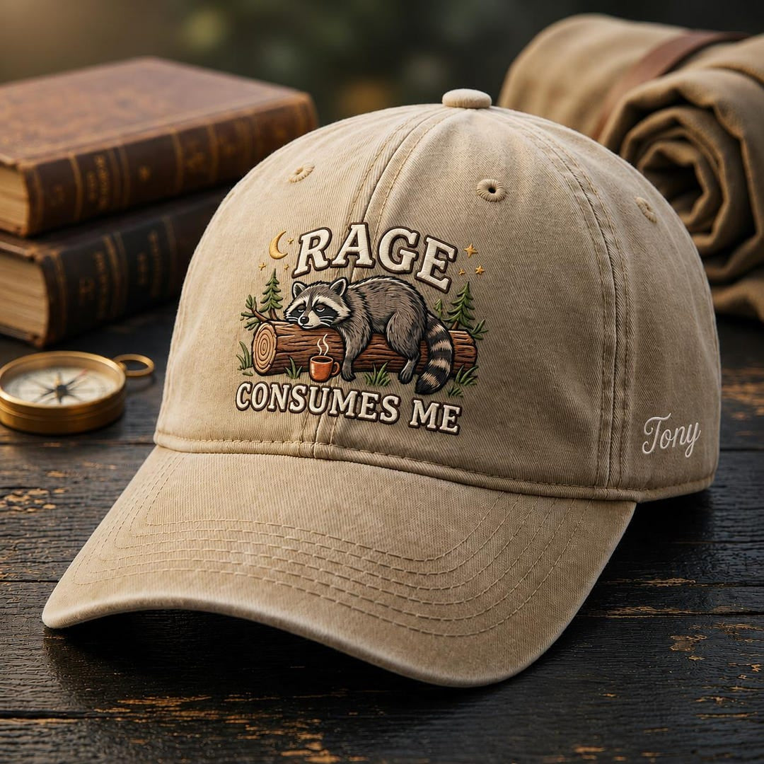 Personalized Raccoon Rage Consumes Me Coffee Funny Meme Embroidered Hat — Washed Hat