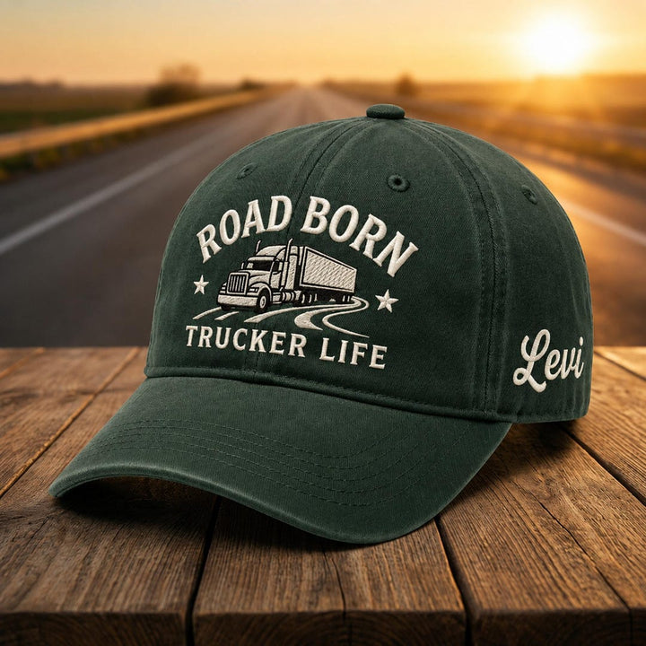 Personalized Road Born Trucker Life Semi Truck Highway Stars Embroidered Hat — Washed Hat