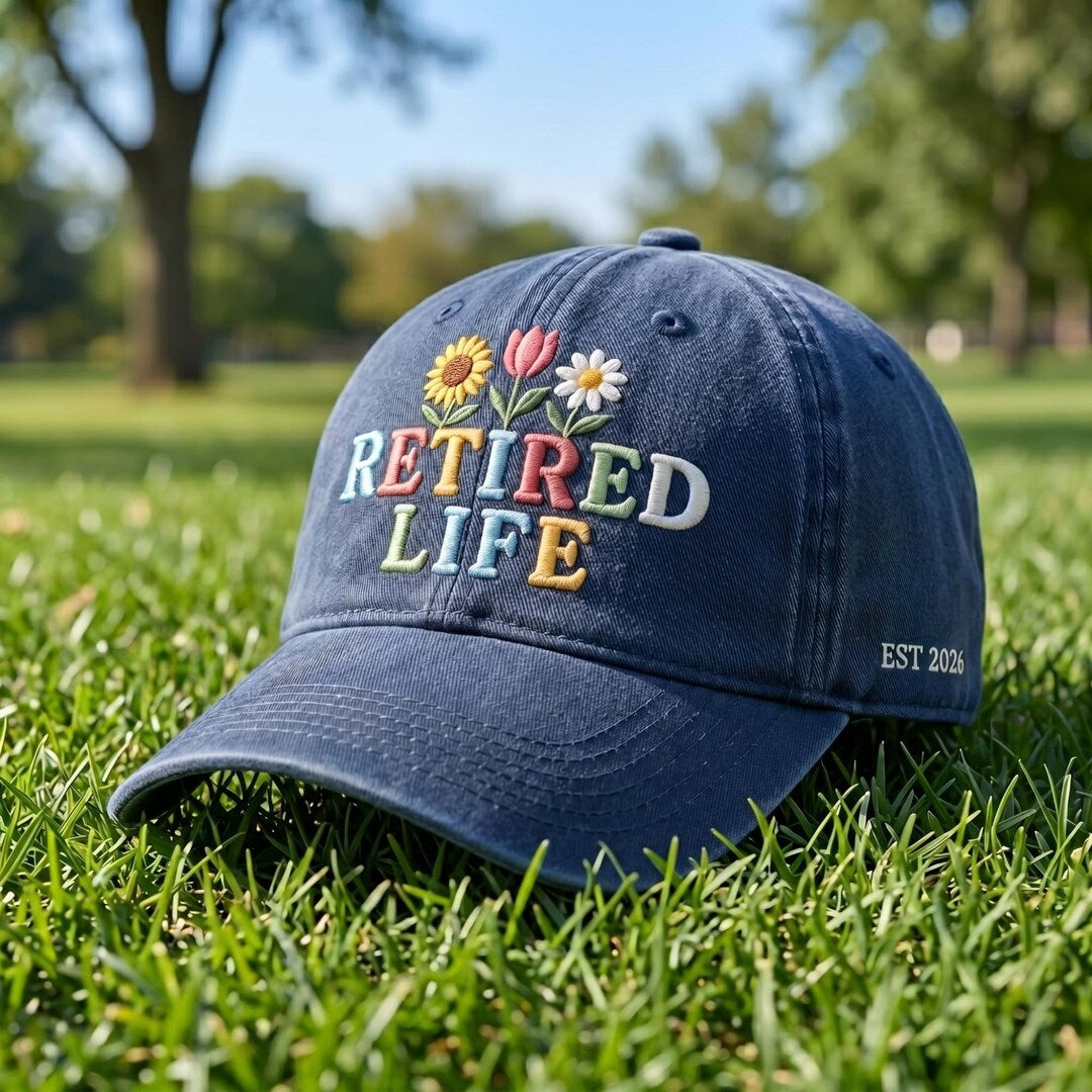Personalized Retired Life Floral Sunflower Daisy Tulip Custom Year Embroidered Hat — Washed Hat