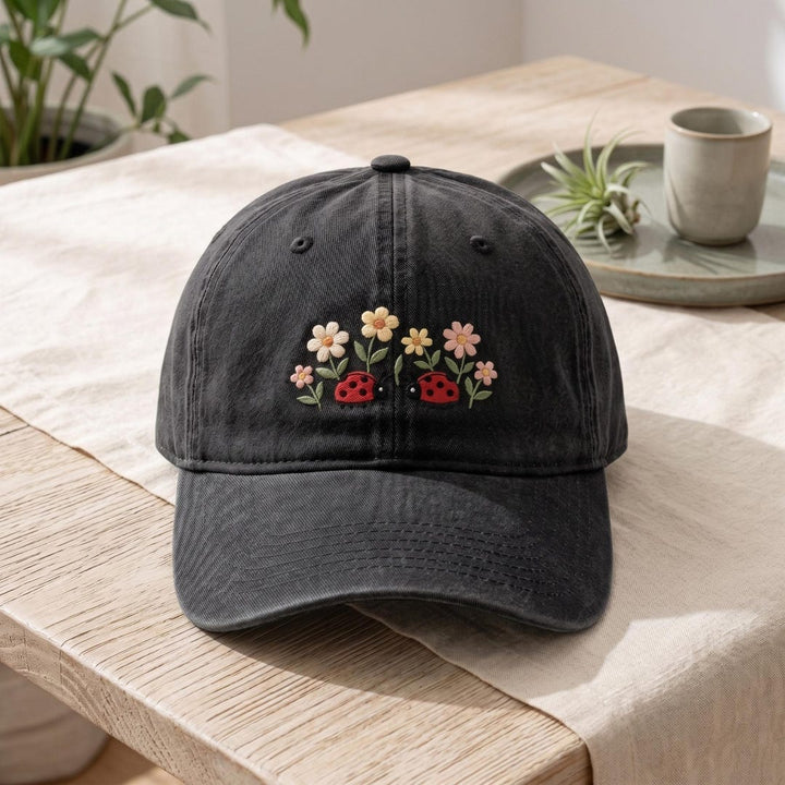 Ladybug Floral Garden Wildflowers Daisy Embroidered Hat — Washed Hat