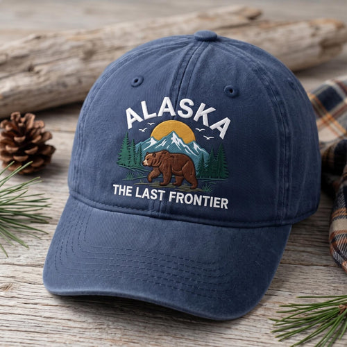 Alaska The Last Frontier Brown Bear Mountains Wilderness Embroidered Hat — Washed Hat