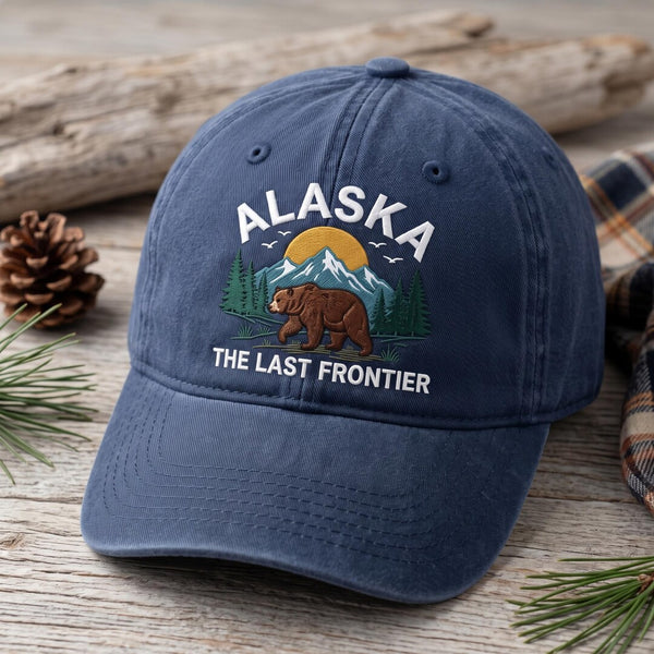 Alaska The Last Frontier Brown Bear Mountains Wilderness Embroidered Hat — Washed Hat