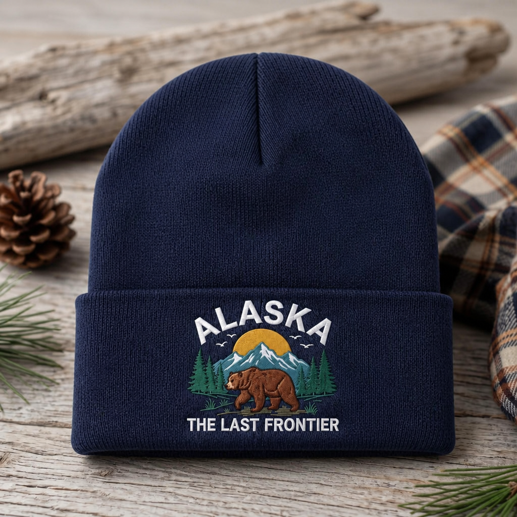 Alaska The Last Frontier Brown Bear Mountains Wilderness Embroidered Beanie