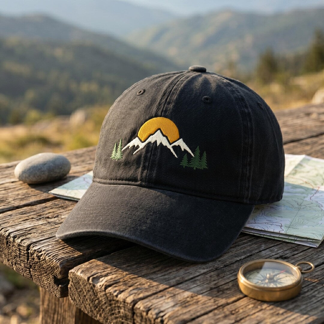 Mountain Sunrise Pine Trees Outdoor Hiker Embroidered Hat — Washed Hat