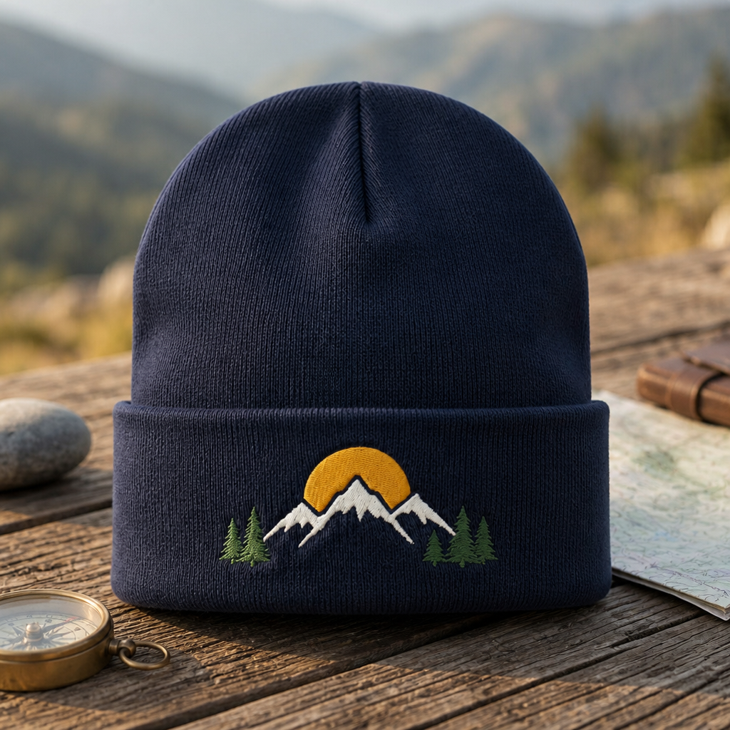 Mountain Sunrise Pine Trees Outdoor Hiker Embroidered Beanie