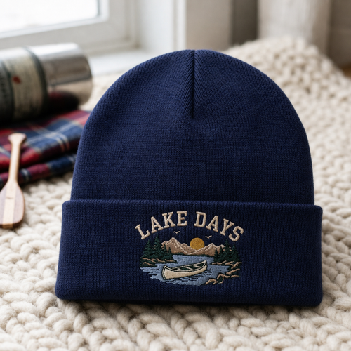 Personalized Lake Days Canoe Mountain Sunset Family Name Embroidered Beanie