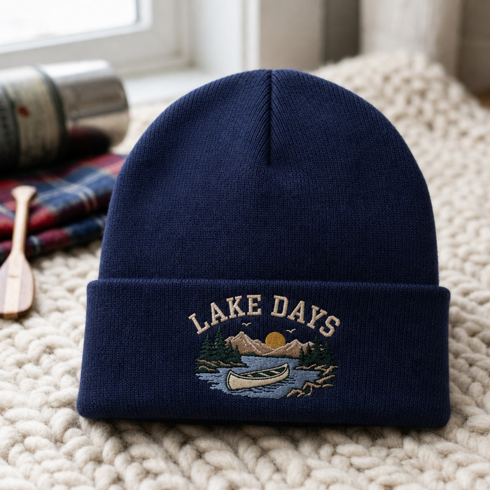 Personalized Lake Days Canoe Mountain Sunset Family Name Embroidered Beanie