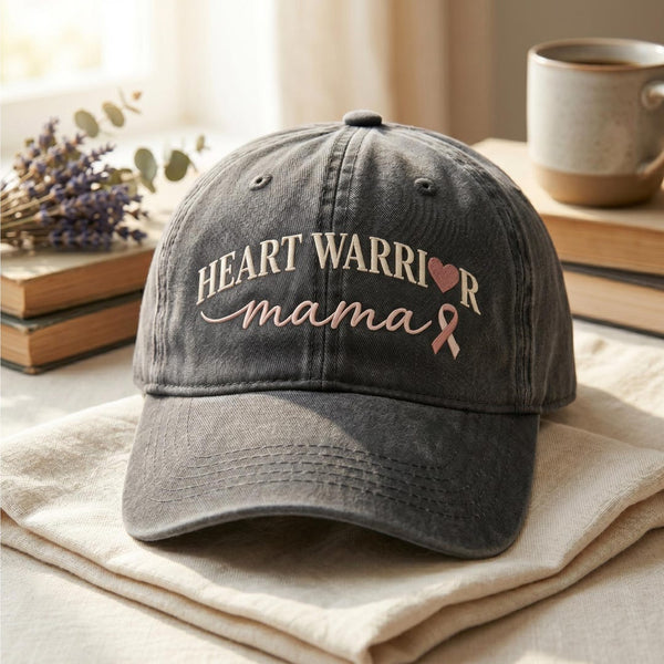 Heart Warrior Mama Heart Awareness Ribbon Embroidered Hat — Washed Hat