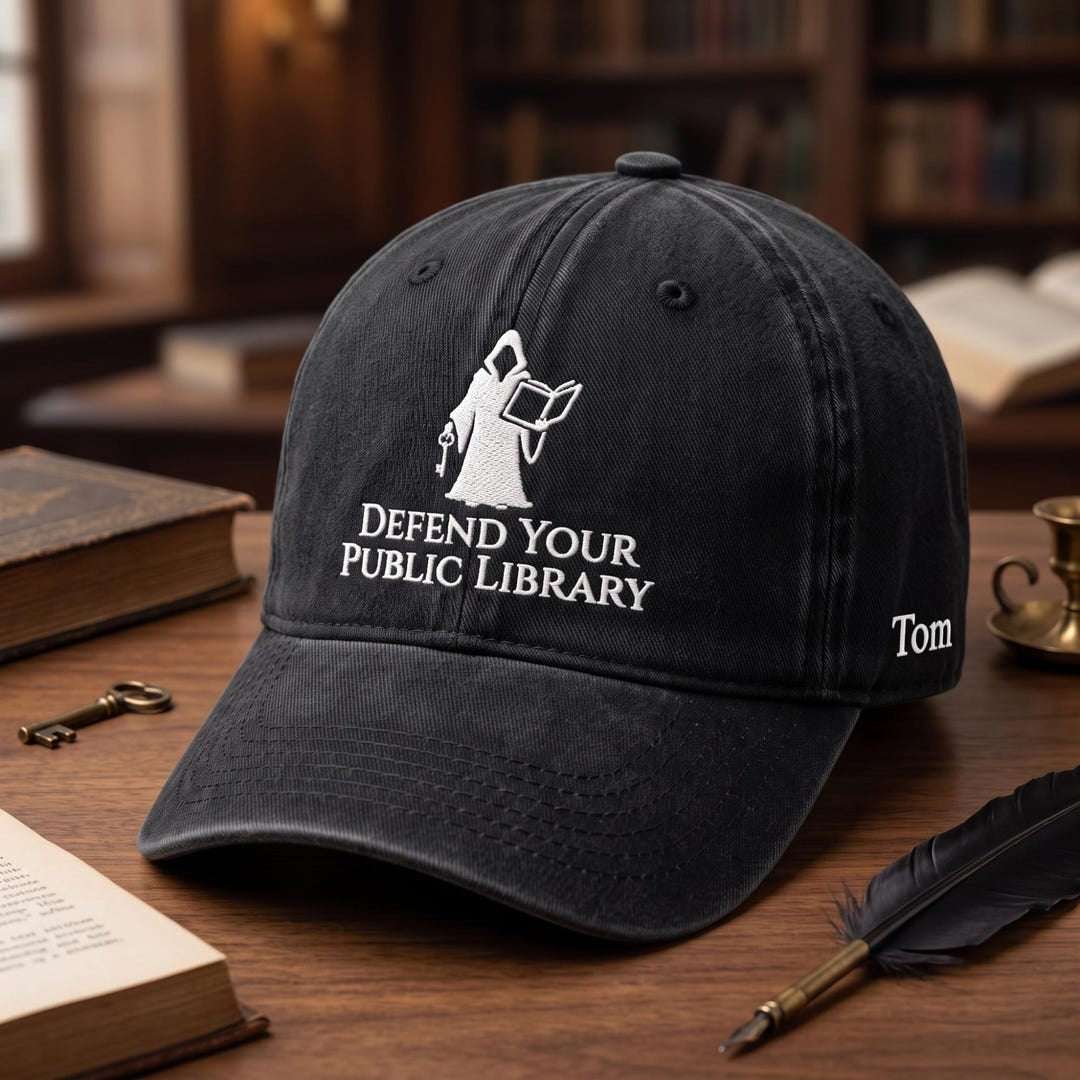 Personalized Defend Your Public Library Grim Reaper Book Reader Embroidered Hat — Washed Hat