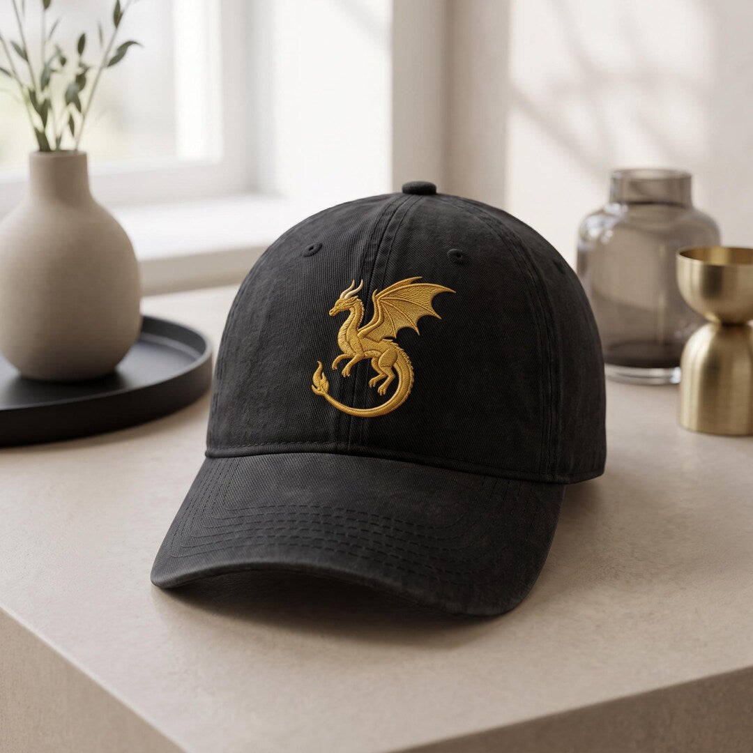 Gold Dragon Fantasy Mythical Creature Embroidered Hat — Washed Hat