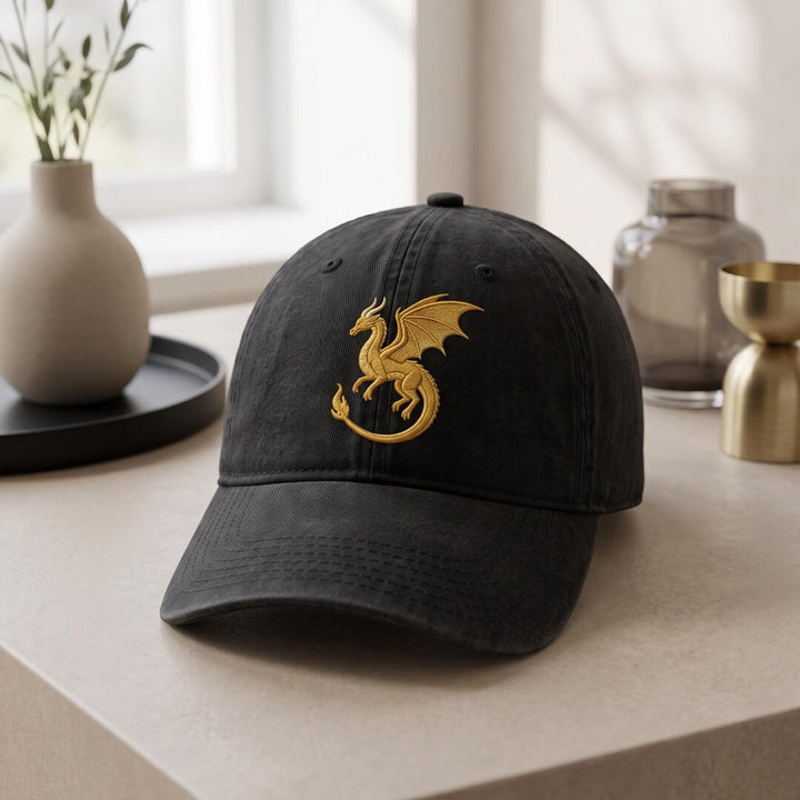 Gold Dragon Fantasy Mythical Creature Embroidered Hat — Washed Hat