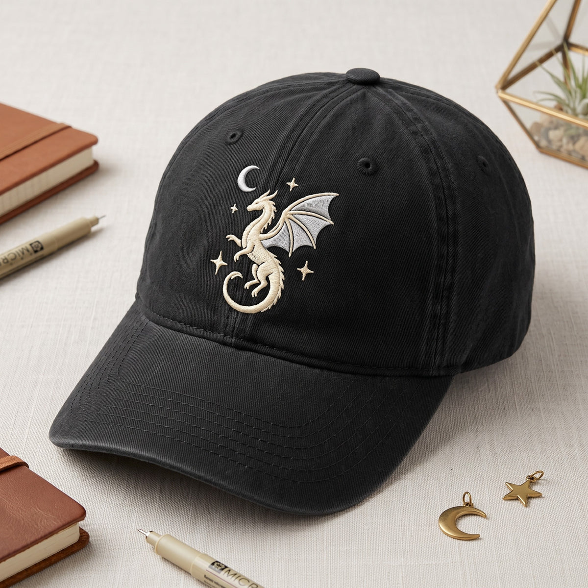 Mystical Dragon Moon Stars Fantasy Embroidered Hat — Washed Hat