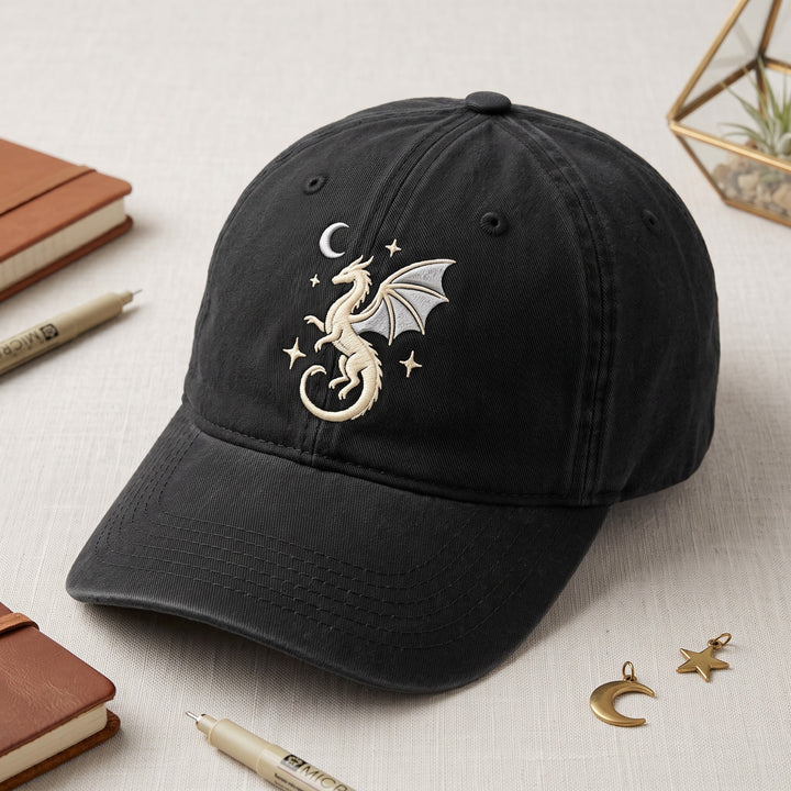 Mystical Dragon Moon Stars Fantasy Embroidered Hat — Washed Hat