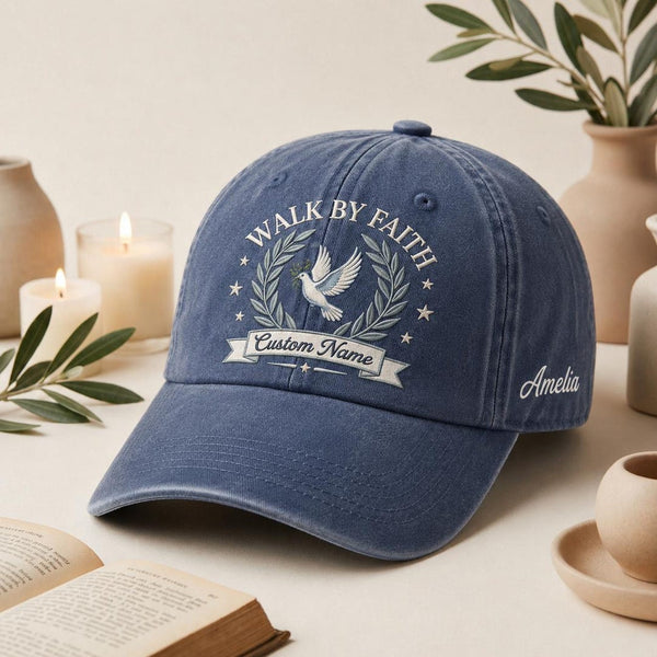 Personalized Walk By Faith Dove Laurel Wreath Stars Christian Embroidered Hat — Washed Hat