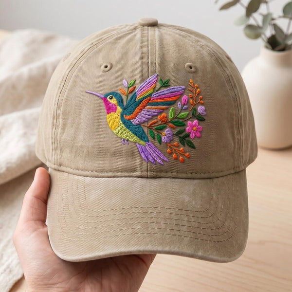 Hummingbird Floral Wildflower Colorful Bird Nature Embroidered Hat — Washed Hat