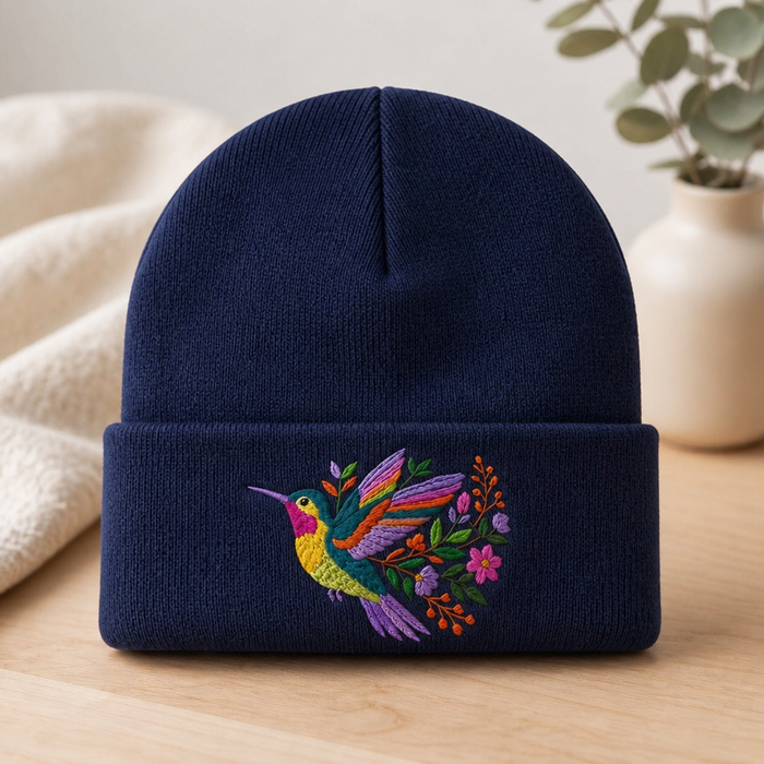 Hummingbird Floral Wildflower Colorful Bird Nature Embroidered Beanie