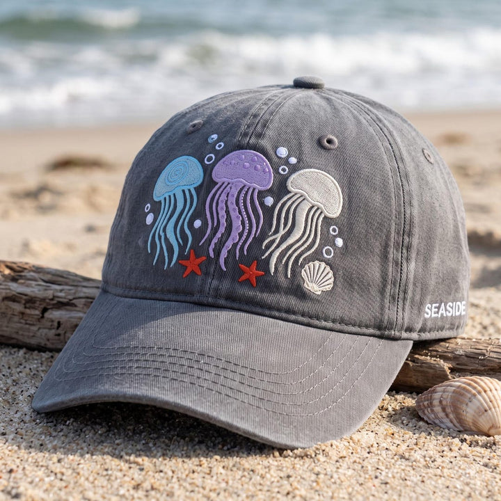 Jellyfish Trio Starfish Seashell Ocean Beach Embroidered Hat — Washed Hat