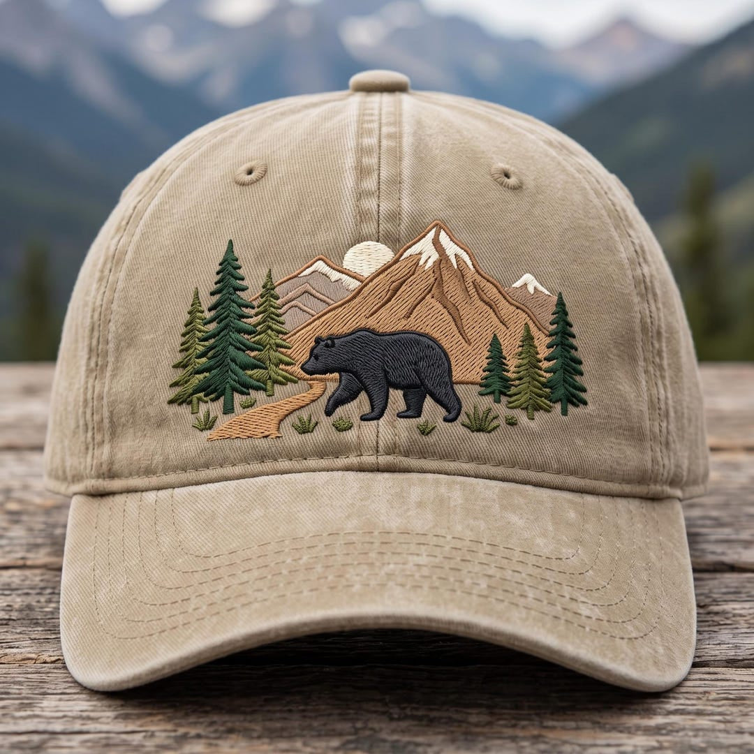 Black Bear Mountain Forest Pine Trees Wilderness Scene Embroidered Hat — Washed Hat