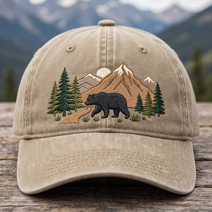 Black Bear Mountain Forest Pine Trees Wilderness Scene Embroidered Hat — Washed Hat