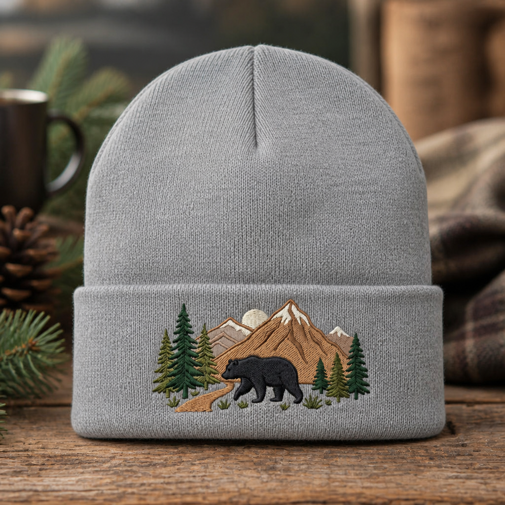 Black Bear Mountain Forest Pine Trees Wilderness Scene Embroidered Beanie