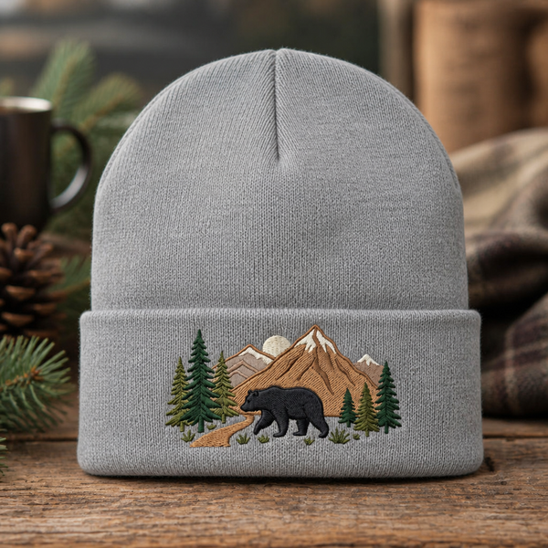Black Bear Mountain Forest Pine Trees Wilderness Scene Embroidered Beanie