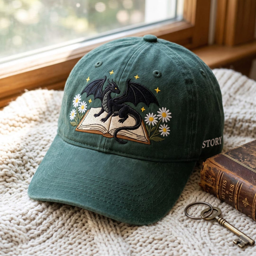 Personalized Dragon Open Book Daisy Flowers Stars Fantasy Bookish Reader Custom Name Embroidered Hat — Washed Hat