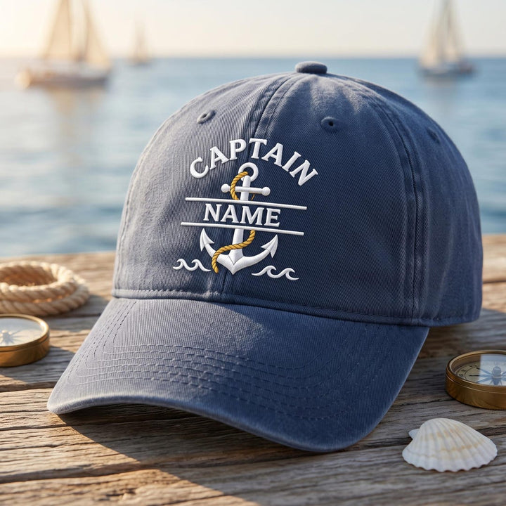 Personalized Captain Anchor Nautical Rope Waves Embroidered Hat — Washed Hat
