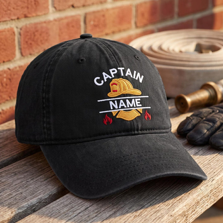 Personalized Firefighter Captain Helmet Flames Custom Name Embroidered Hat — Washed Hat