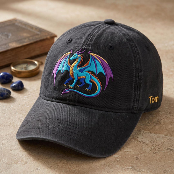 Personalized Dragon Fantasy Mythical Creature Custom Name Embroidered Hat — Washed Hat