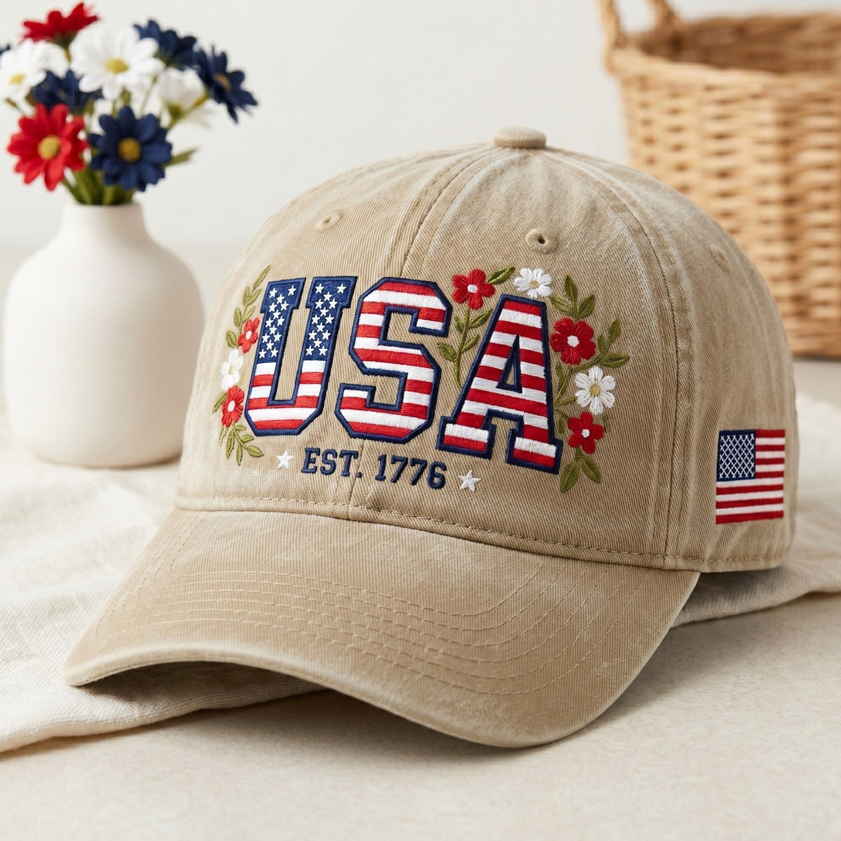 USA Floral Flag EST Embroidered Hat — Washed Hat