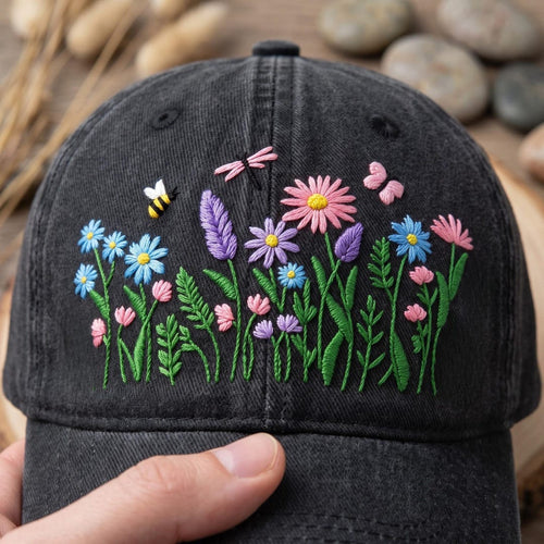 Wildflower Garden Bee Dragonfly Botanical Floral Embroidered Hat — Washed Hat