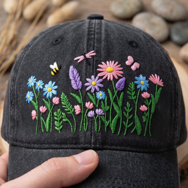 Wildflower Garden Bee Dragonfly Botanical Floral Embroidered Hat — Washed Hat