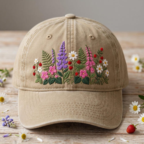 Wildflower Garden Botanical Daisy Foxglove Lupine Strawberry Embroidered Hat — Washed Hat