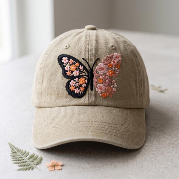 Floral Butterfly Wildflower Cottagecore Embroidered Hat — Washed Hat