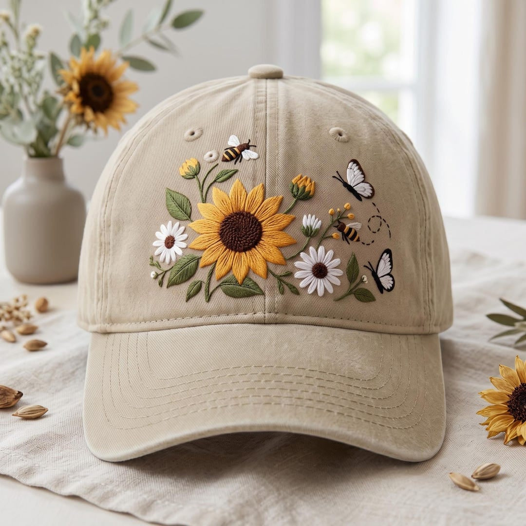 Sunflower Daisy Bee Butterfly Wildflower Garden Embroidered Hat — Washed Hat