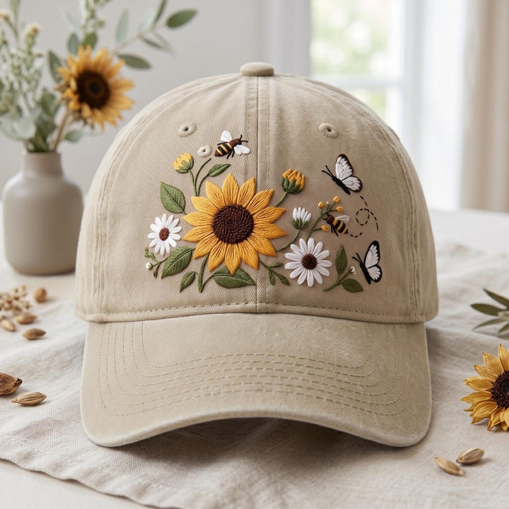 Sunflower Daisy Bee Butterfly Wildflower Garden Embroidered Hat — Washed Hat
