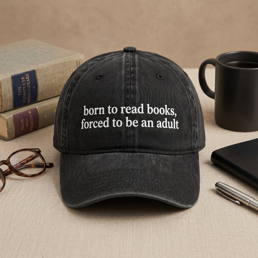 Born To Read Books Forced To Be An Adult Funny Reader Embroidered Hat — Washed Hat