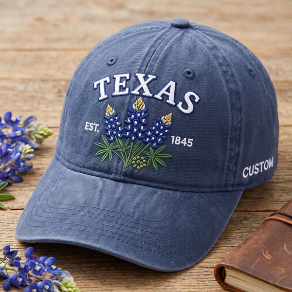 Personalized Texas Bluebonnet EST 1845 State Flower Embroidered Hat — Washed Hat