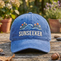 Sunseeker Ocean Waves Wildflowers Floral Summer Beach Embroidered Hat — Washed Hat